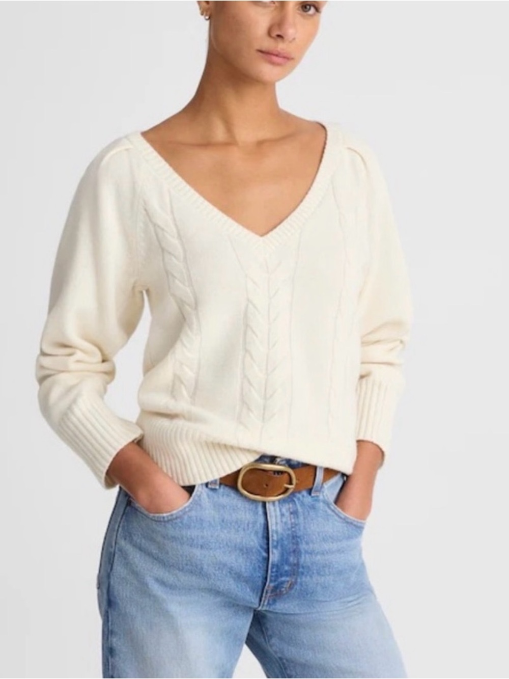 Madewell - Femme Ivory V Neck Cailia Cable Pullover Long Sleeve Sweater SZ Large